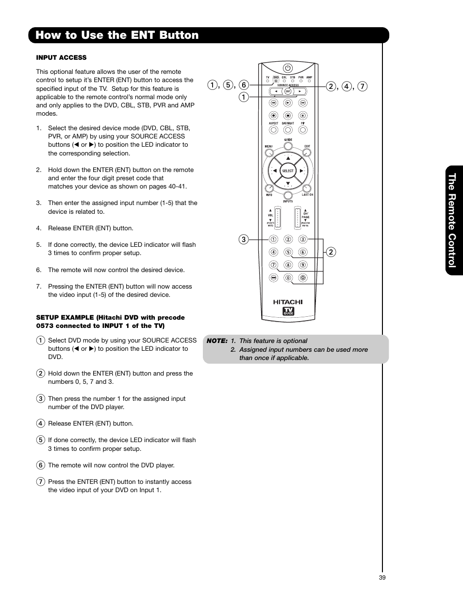 How to use the ent button, The remote contr o l | Hitachi 55HDT52 User Manual | Page 39 / 104