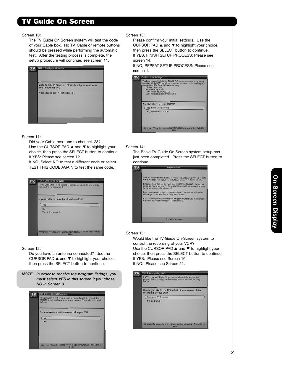 Tv guide on screen, On-scr een display | Hitachi 55HDT52 User Manual | Page 51 / 104