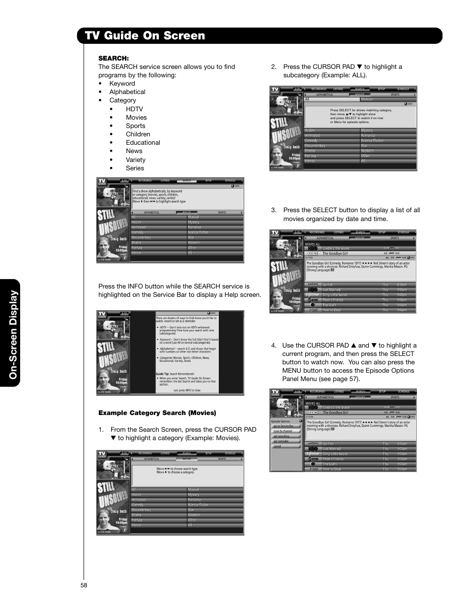 Tv guide on screen, On-scr een display | Hitachi 55HDT52 User Manual | Page 58 / 104