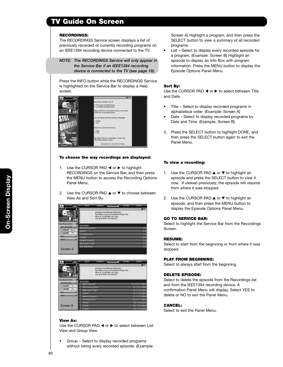 Tv guide on screen, On-scr een display | Hitachi 55HDT52 User Manual | Page 60 / 104