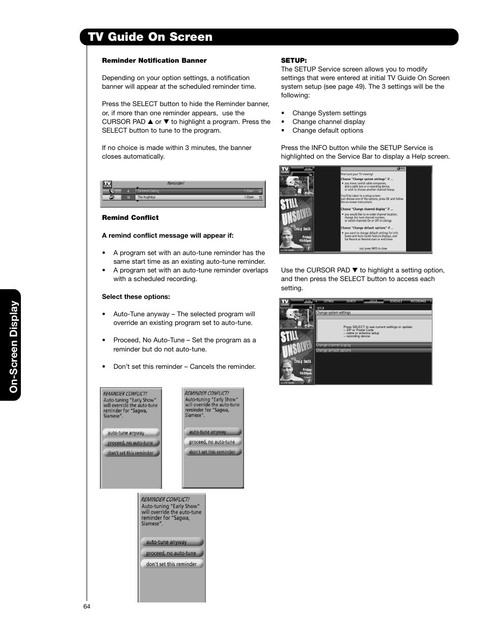 Tv guide on screen, On-scr een display | Hitachi 55HDT52 User Manual | Page 64 / 104