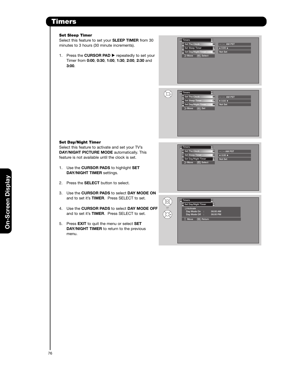 Timers, On-scr een display | Hitachi 55HDT52 User Manual | Page 76 / 104