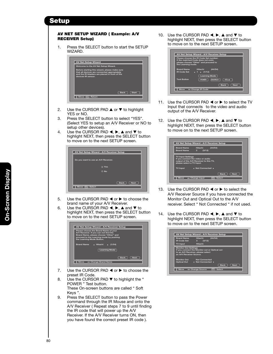 Setup, On-scr een display | Hitachi 55HDT52 User Manual | Page 80 / 104