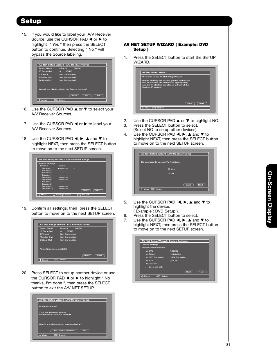 Setup, On-scr een display | Hitachi 55HDT52 User Manual | Page 81 / 104