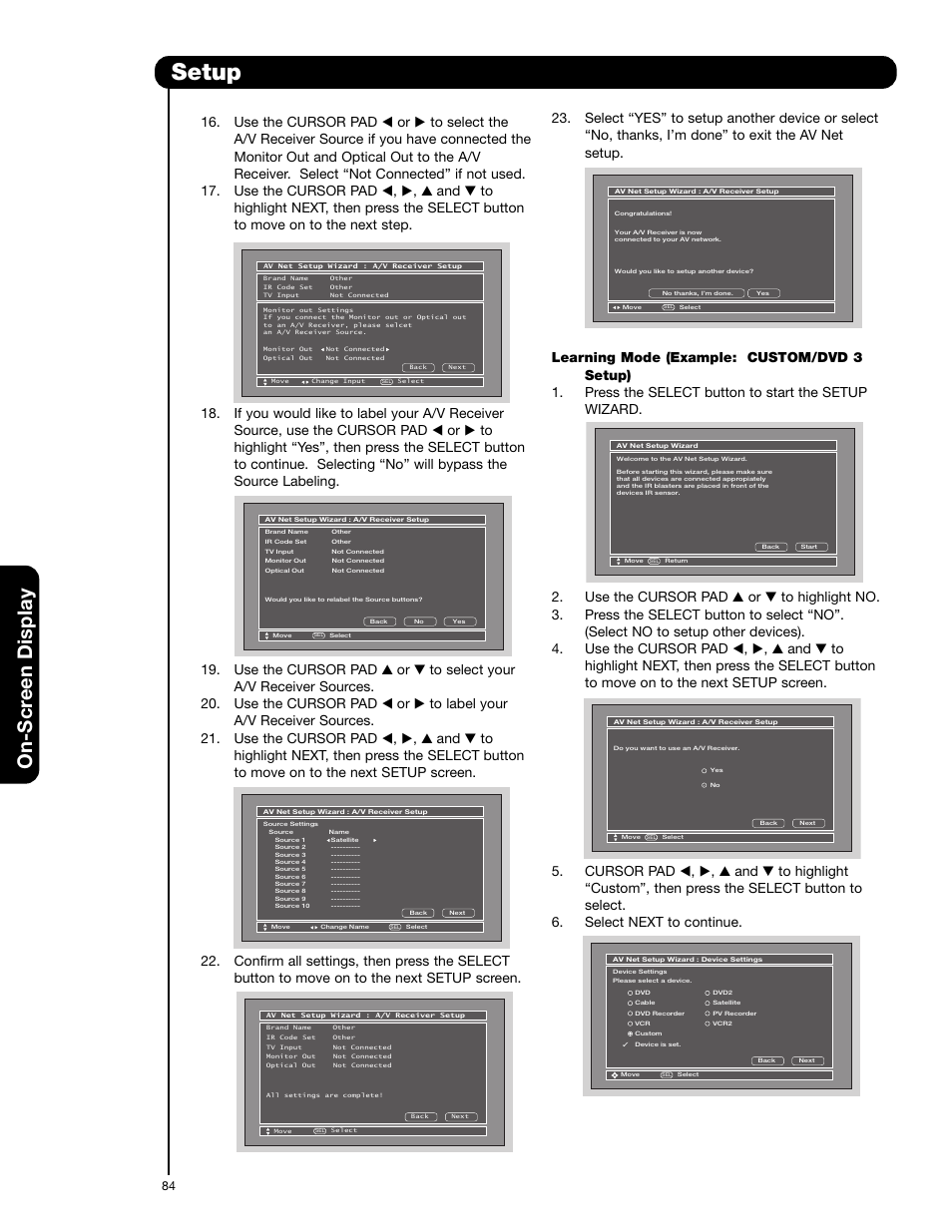 Setup, On-scr een display | Hitachi 55HDT52 User Manual | Page 84 / 104