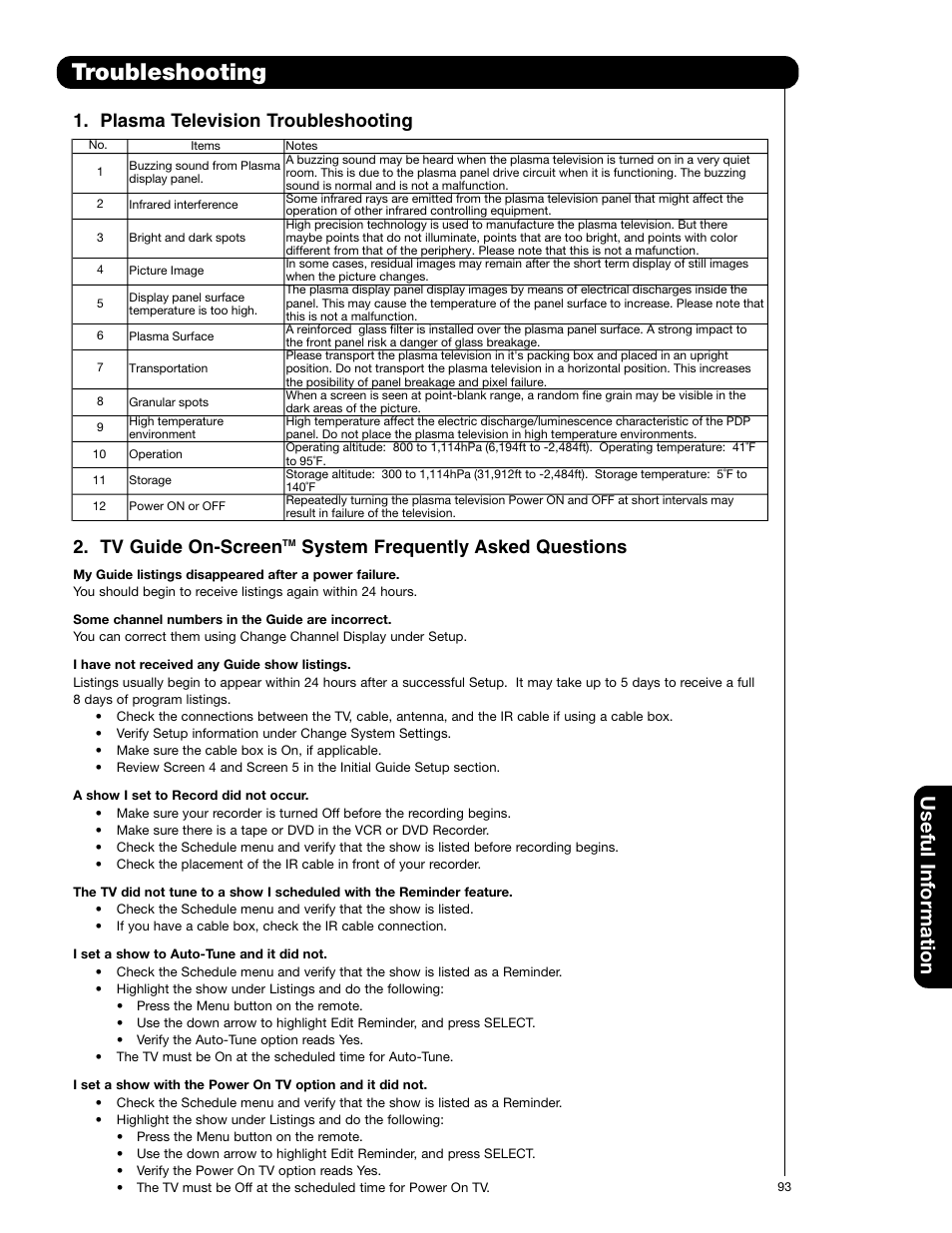 Troubleshooting, Useful information, System frequently asked questions | Hitachi 55HDT52 User Manual | Page 93 / 104