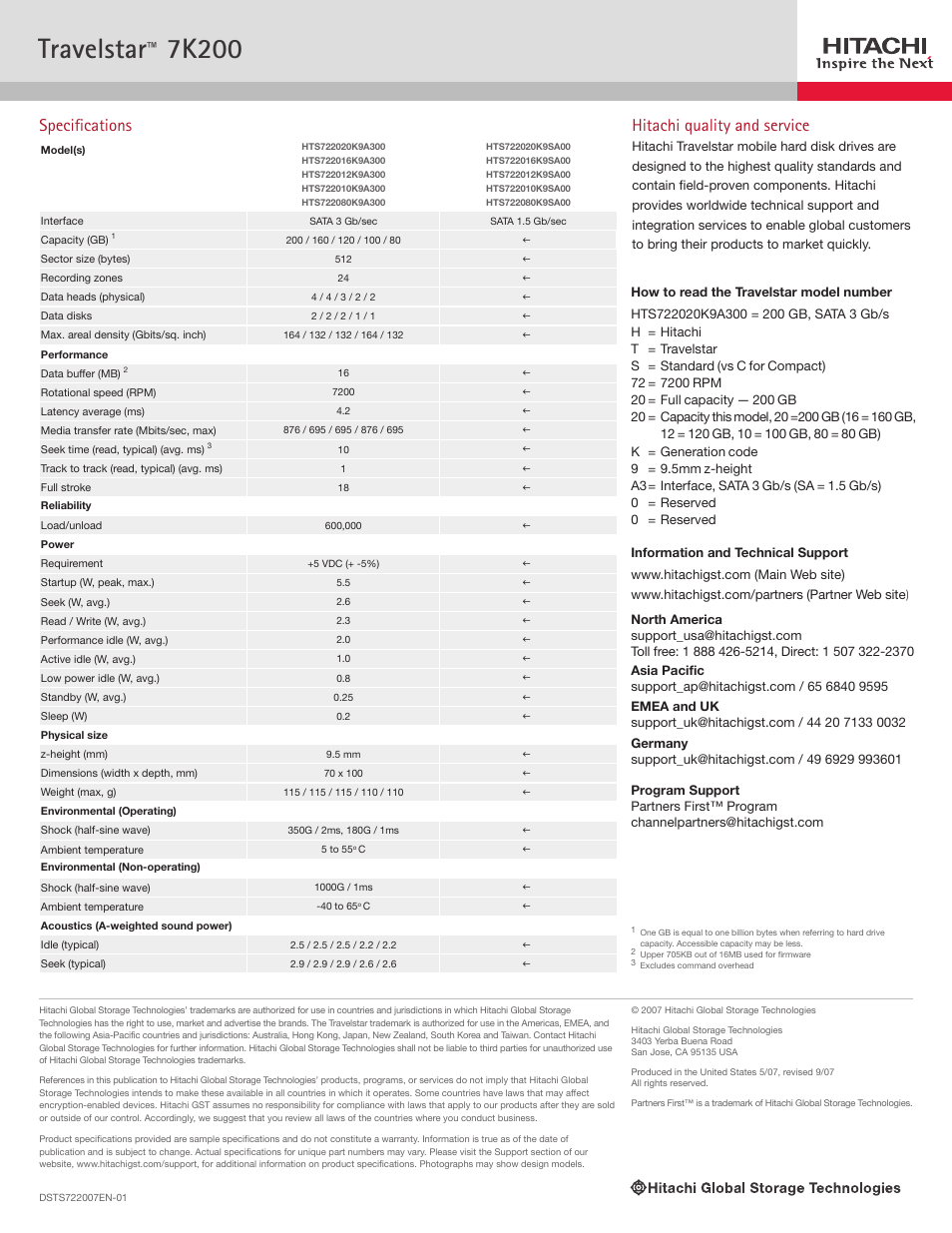 Travelstar, 7k200, Specifications | Hitachi quality and service | Hitachi 7K200 User Manual | Page 2 / 2