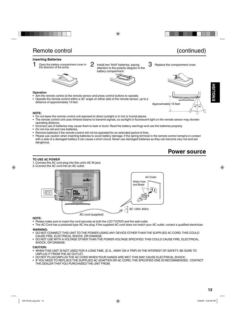 Remote control (continued), Power source | Hitachi L19D103 User Manual | Page 13 / 40