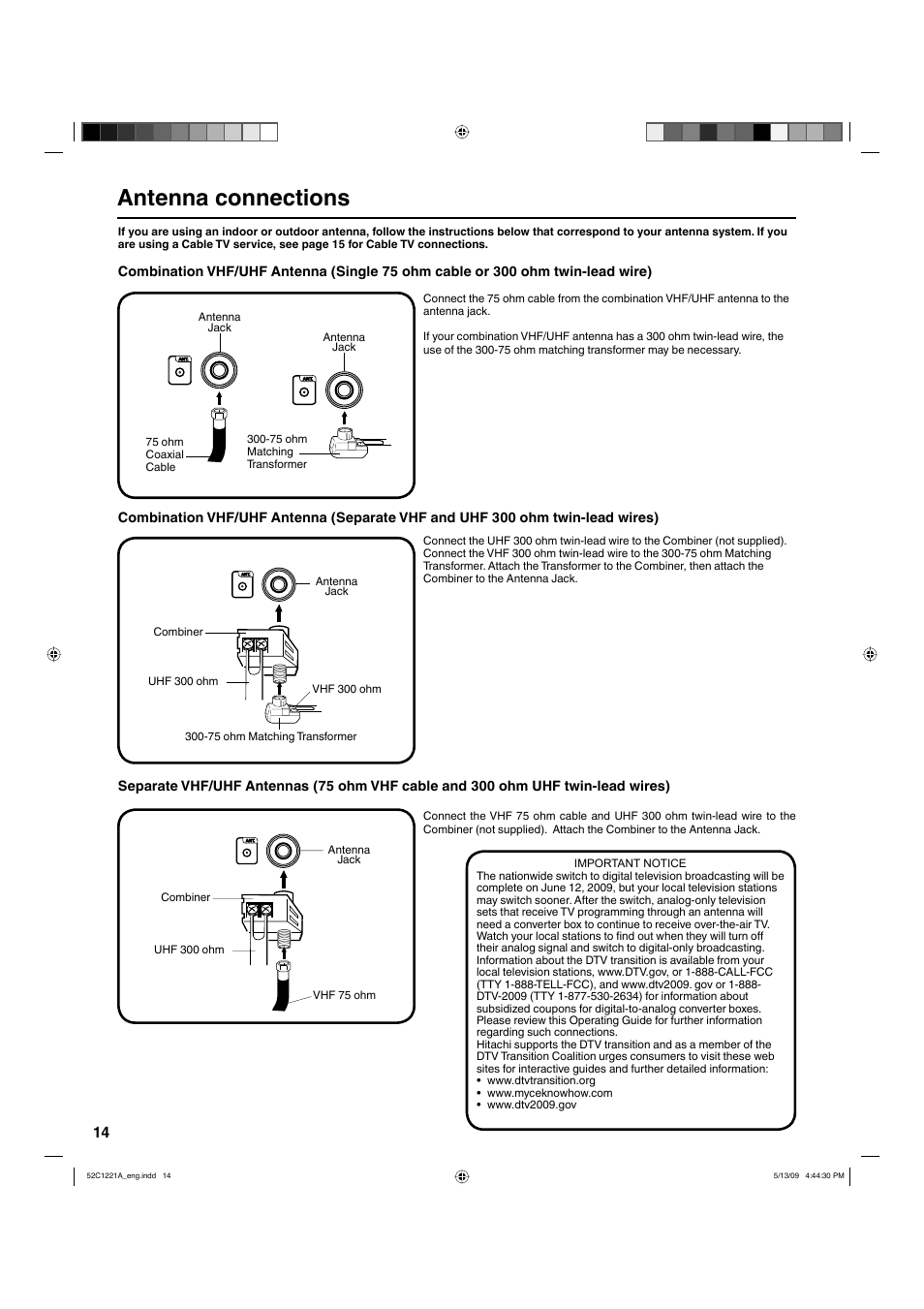 Antenna connections | Hitachi L19D103 User Manual | Page 14 / 40