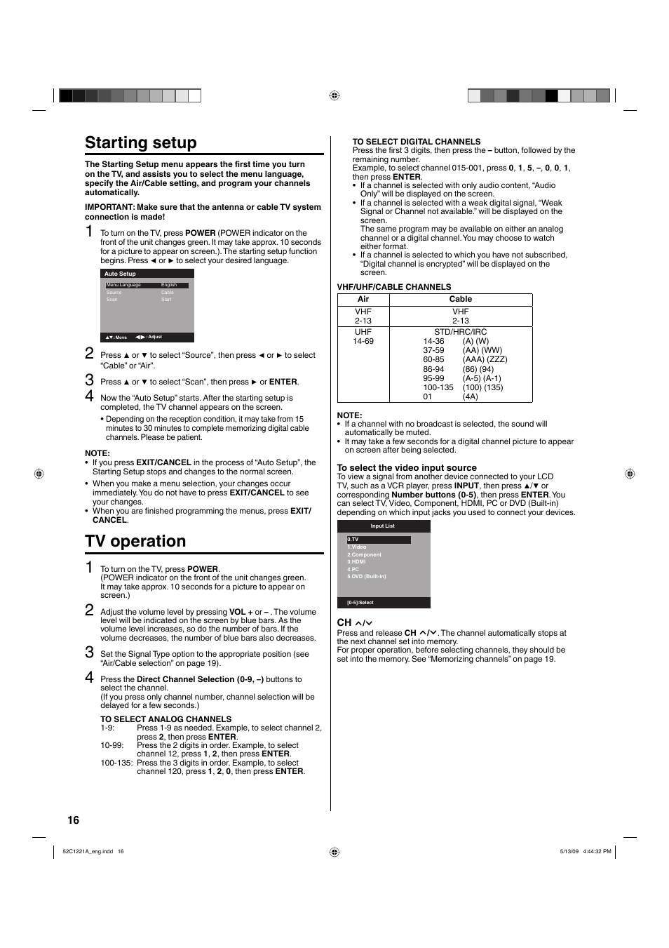 Starting setup, Tv operation 1 | Hitachi L19D103 User Manual | Page 16 / 40