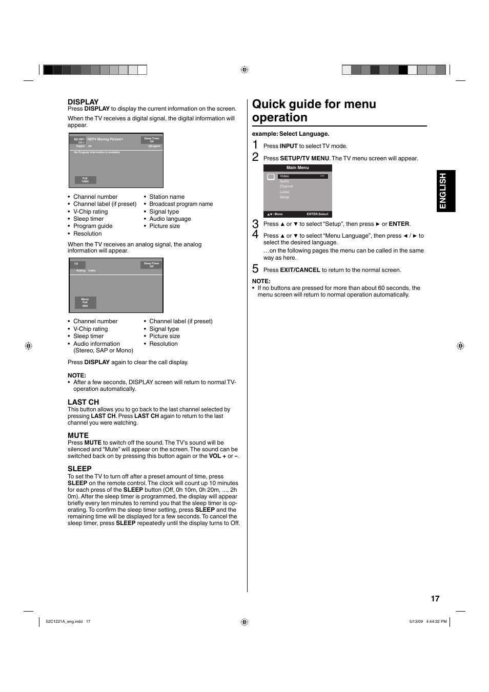 Quick guide for menu operation, 17 english | Hitachi L19D103 User Manual | Page 17 / 40