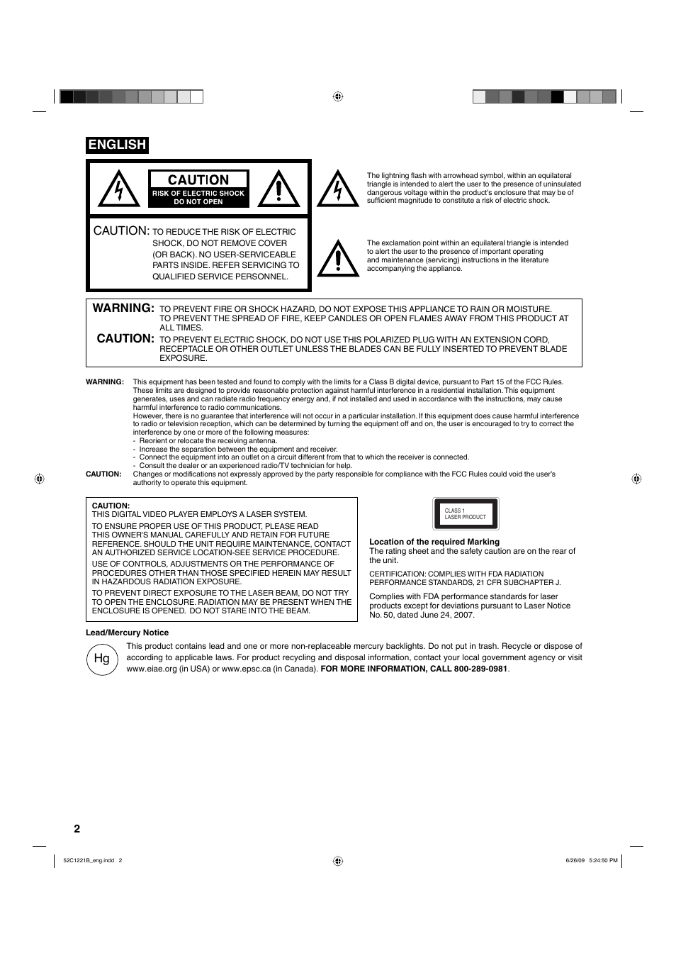 English, Caution, Warning | Hitachi L19D103 User Manual | Page 2 / 40