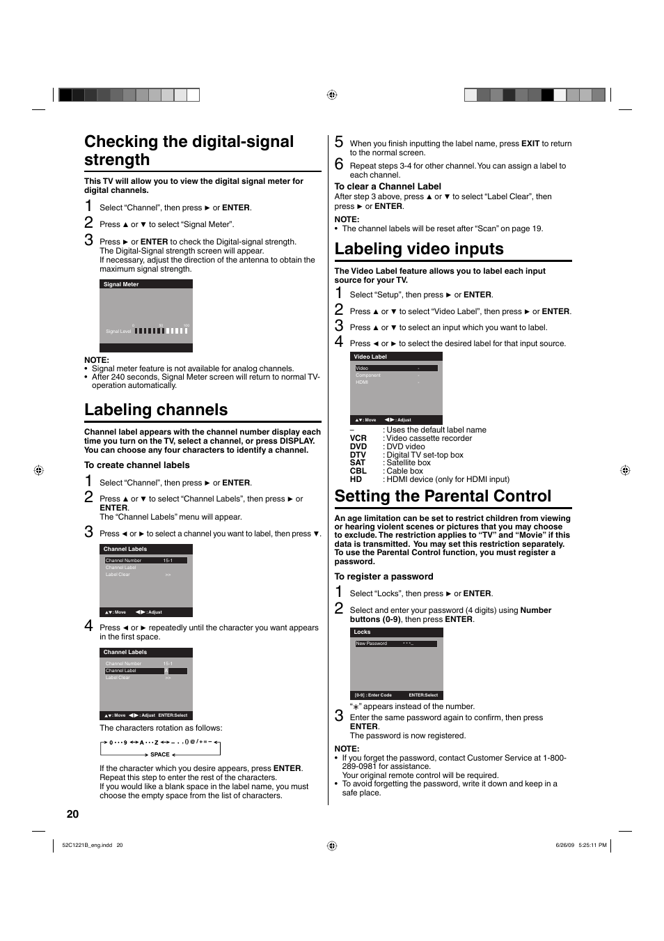 Checking the digital-signal strength, Labeling channels, Labeling video inputs | Setting the parental control | Hitachi L19D103 User Manual | Page 20 / 40