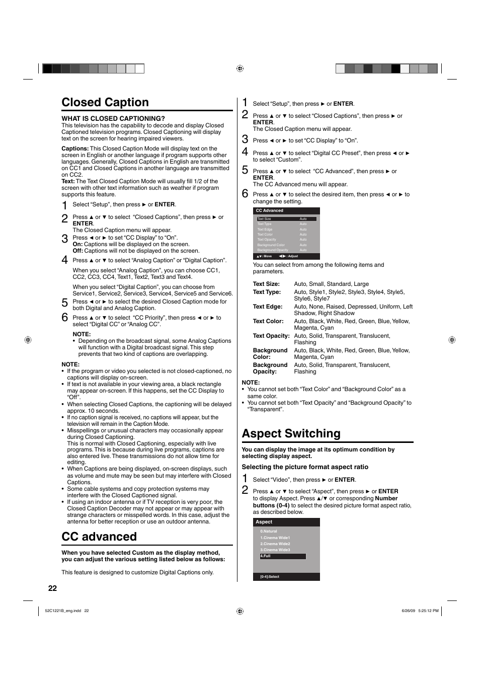 Closed caption, Cc advanced, Aspect switching | Hitachi L19D103 User Manual | Page 22 / 40
