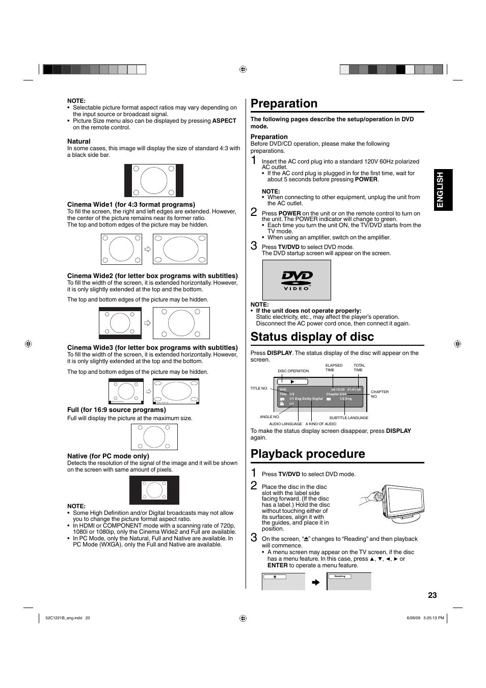 Preparation, Status display of disc, Playback procedure 1 | 23 english | Hitachi L19D103 User Manual | Page 23 / 40