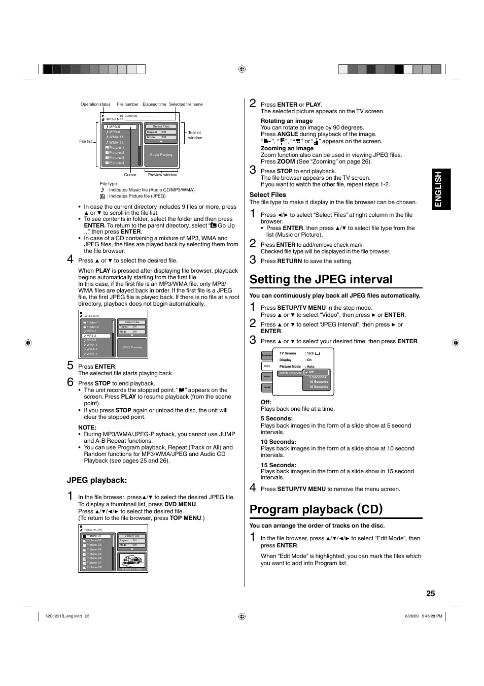 Setting the jpeg interval, Program playback (cd), 25 english | Jpeg playback | Hitachi L19D103 User Manual | Page 25 / 40