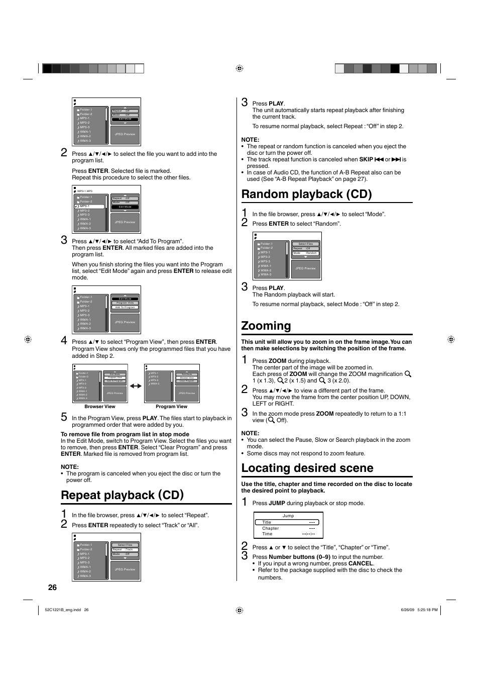 Repeat playback (cd) 1, Random playback (cd) 1, Zooming | Locating desired scene | Hitachi L19D103 User Manual | Page 26 / 40
