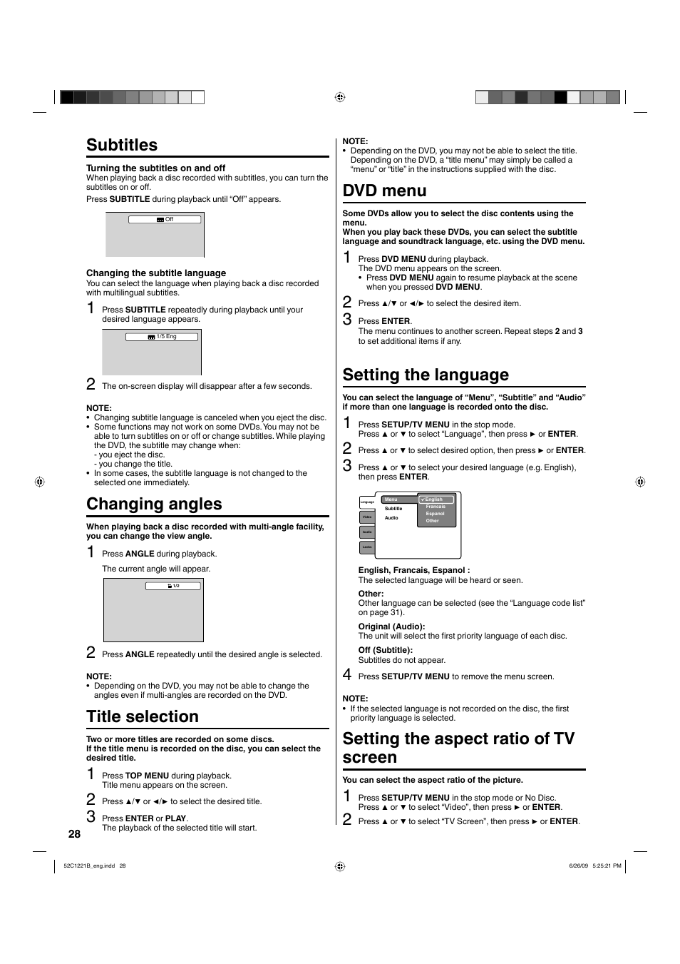 Subtitles, Changing angles, Title selection | Dvd menu, Setting the language, Setting the aspect ratio of tv screen | Hitachi L19D103 User Manual | Page 28 / 40