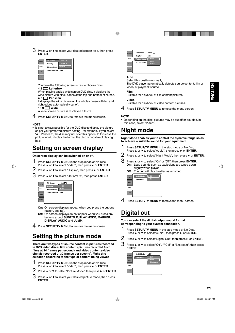 Setting on screen display, Setting the picture mode, Night mode | Digital out, 29 english | Hitachi L19D103 User Manual | Page 29 / 40