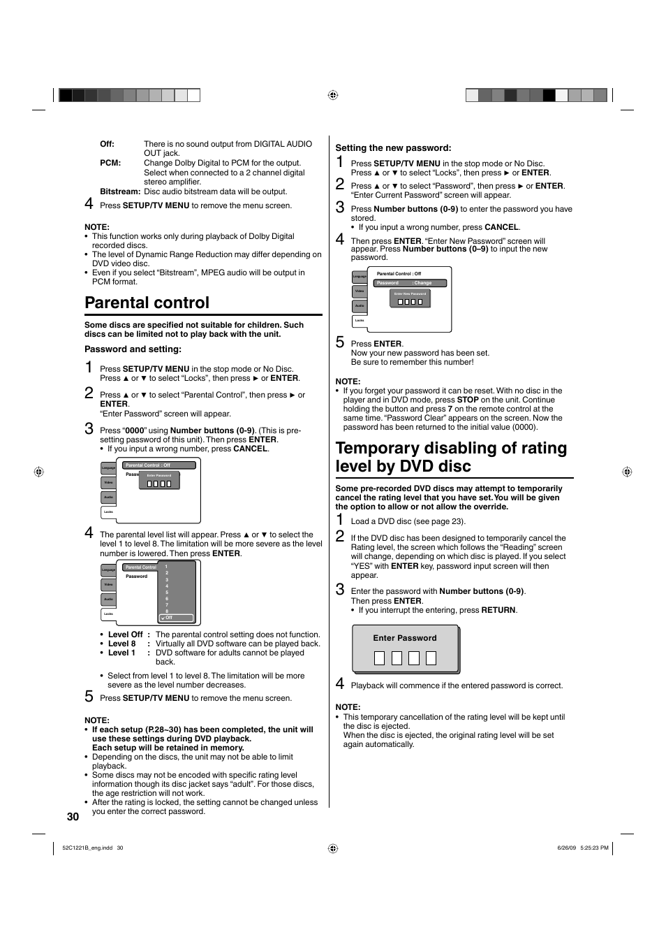 Parental control, Temporary disabling of rating level by dvd disc | Hitachi L19D103 User Manual | Page 30 / 40