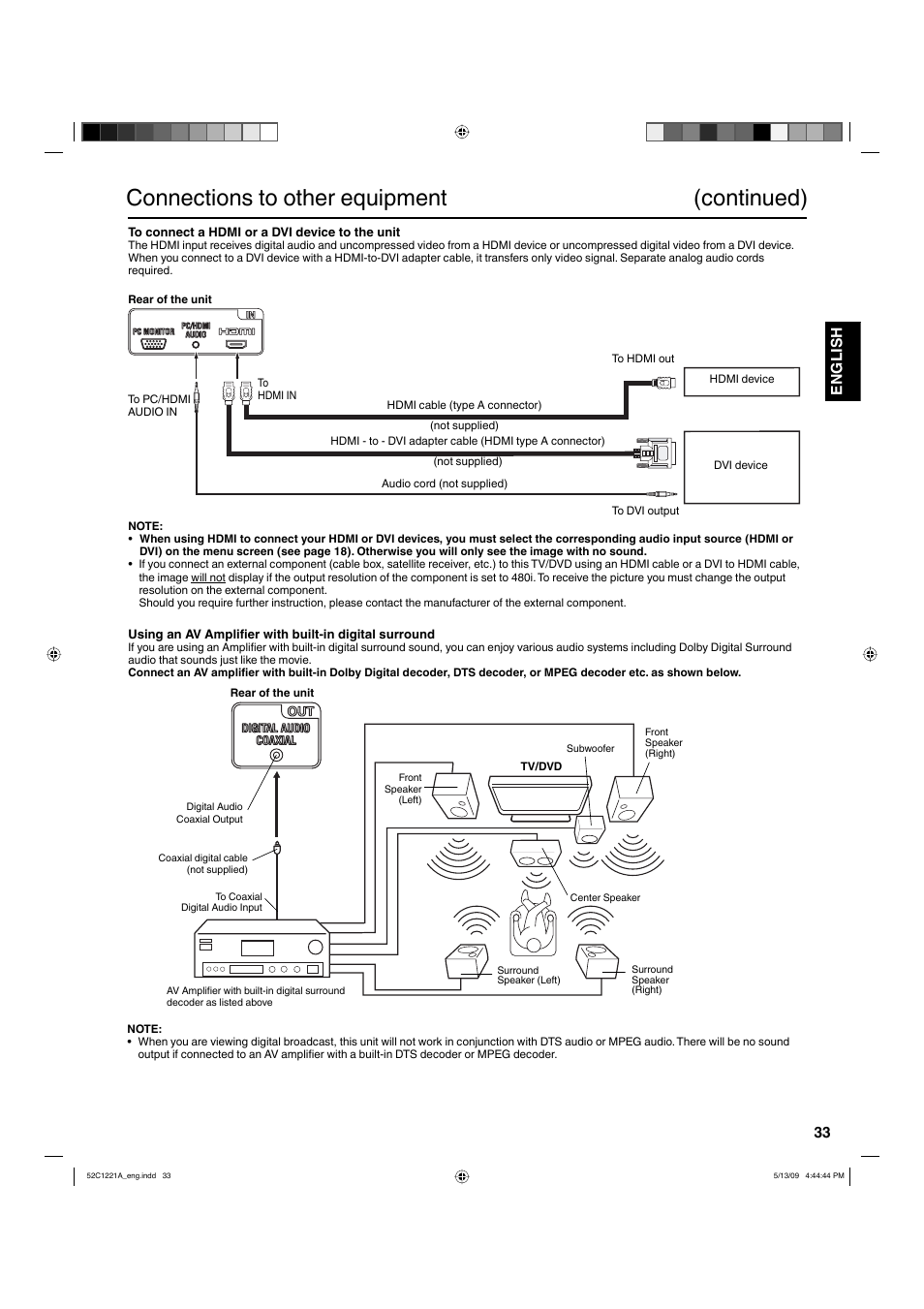 Connections to other equipment (continued), 33 english | Hitachi L19D103 User Manual | Page 33 / 40