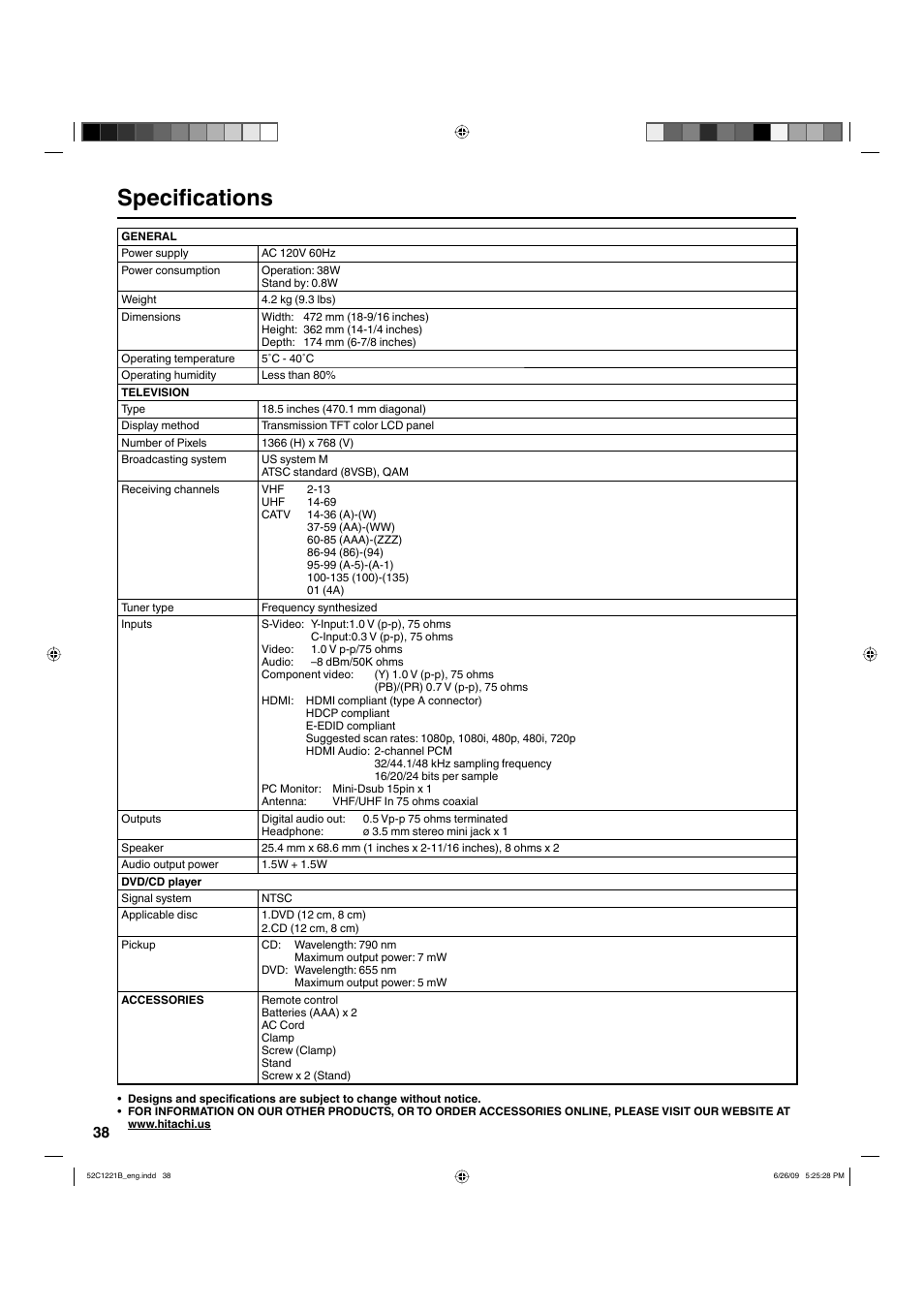 Specifications | Hitachi L19D103 User Manual | Page 38 / 40