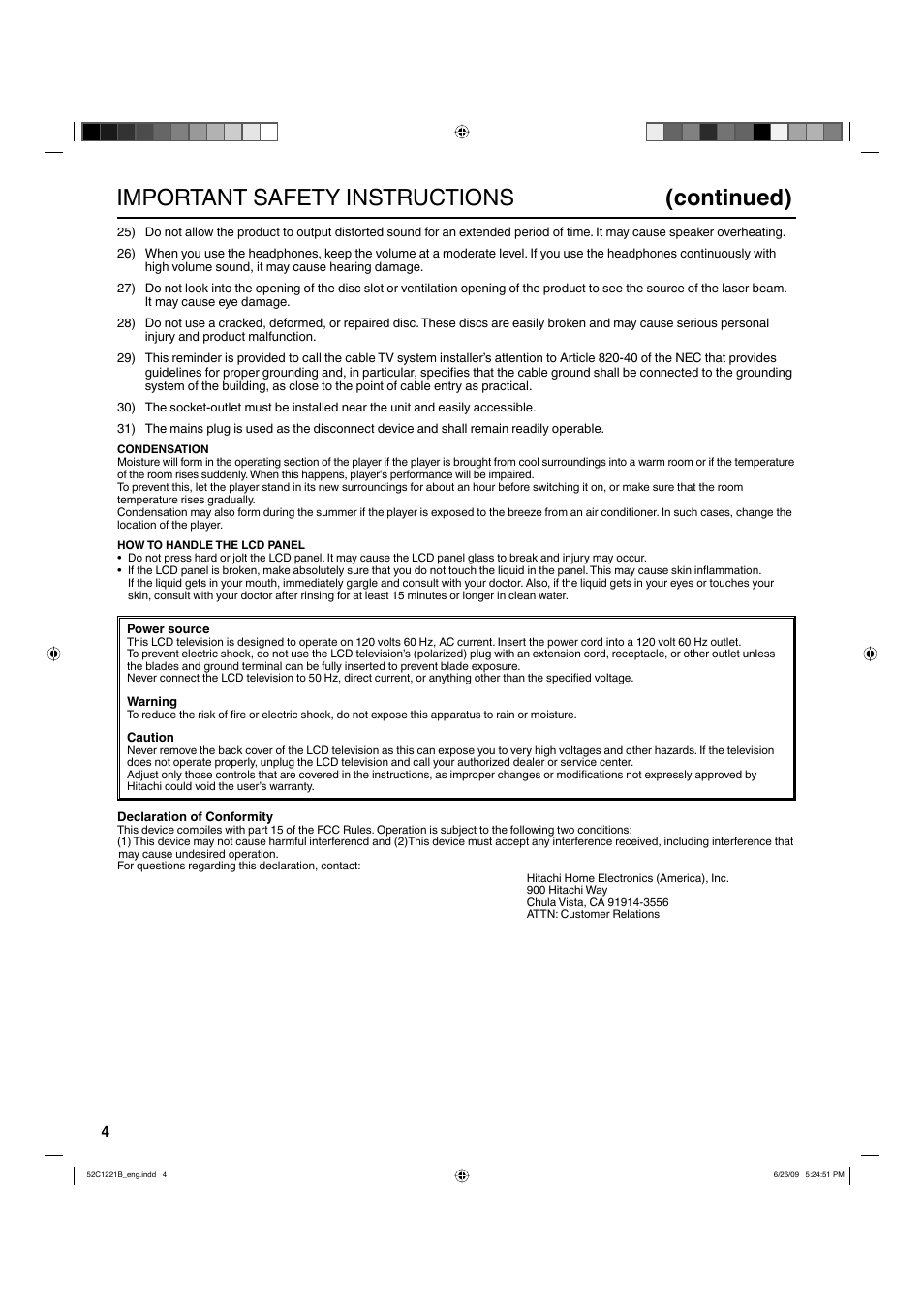 Important safety instructions (continued) | Hitachi L19D103 User Manual | Page 4 / 40