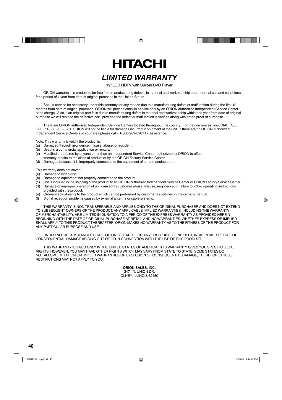 Limited warranty | Hitachi L19D103 User Manual | Page 40 / 40