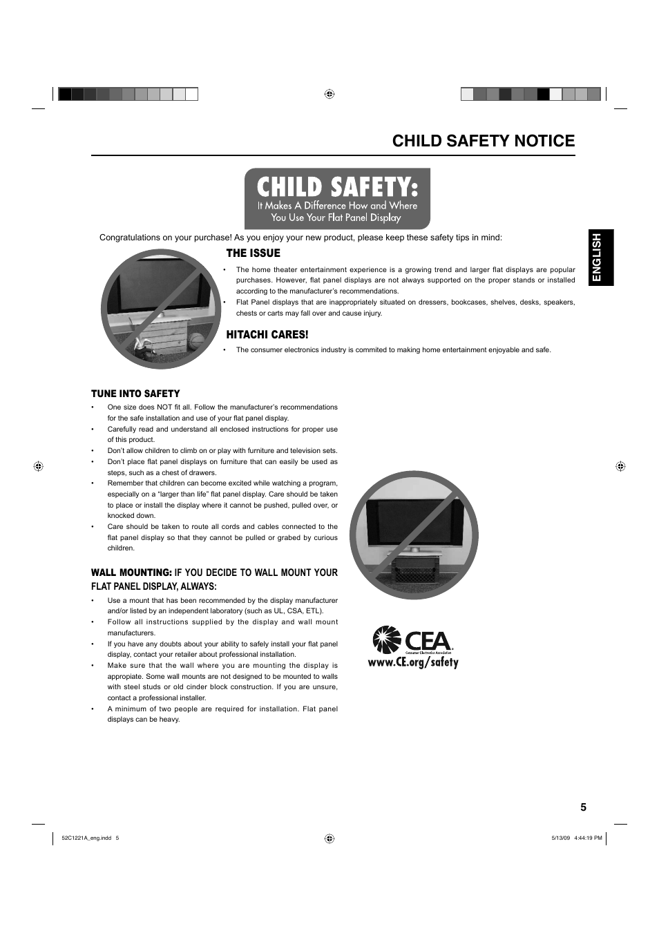 Child safety notice, The issue, Hitachi cares | 5english | Hitachi L19D103 User Manual | Page 5 / 40