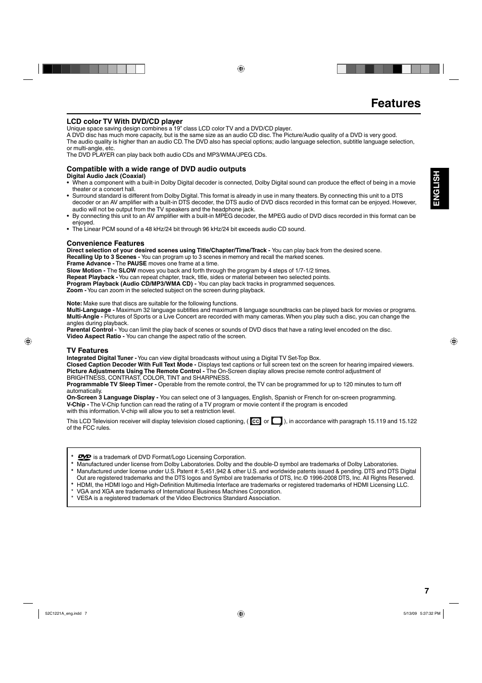 Features, 7english | Hitachi L19D103 User Manual | Page 7 / 40