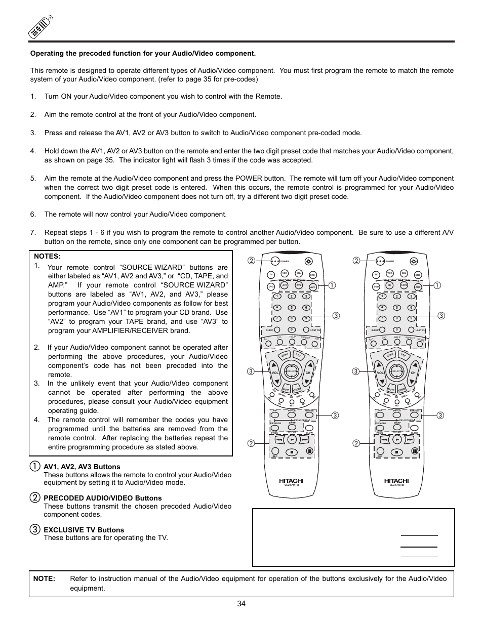 My audio/video equipment code is, Av1 (cd) av2 (tape) av3 (amp/rcvr) | Hitachi 61UWX10B User Manual | Page 34 / 76