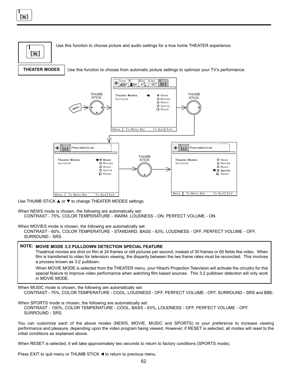 Theater | Hitachi 61UWX10B User Manual | Page 62 / 76