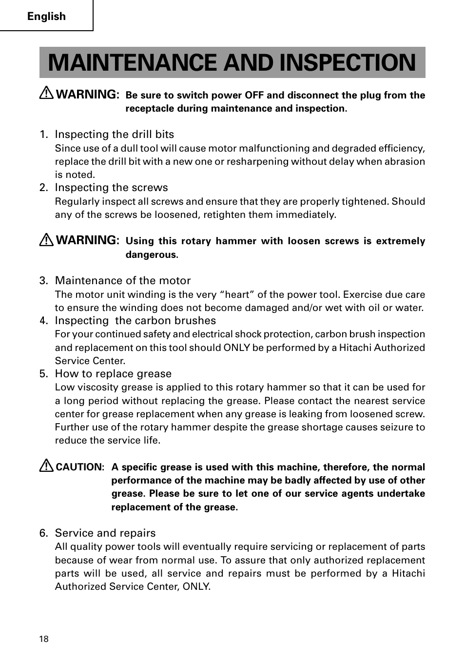 Maintenance and inspection | Hitachi DH 24PC2 User Manual | Page 18 / 76