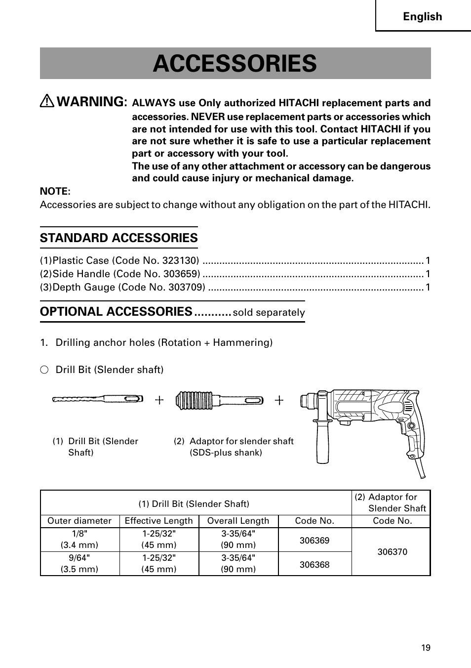 Accessories, Warning, Standard accessories | Optional accessories | Hitachi DH 24PC2 User Manual | Page 19 / 76