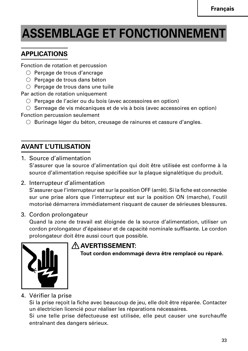 Assemblage et fonctionnement | Hitachi DH 24PC2 User Manual | Page 33 / 76