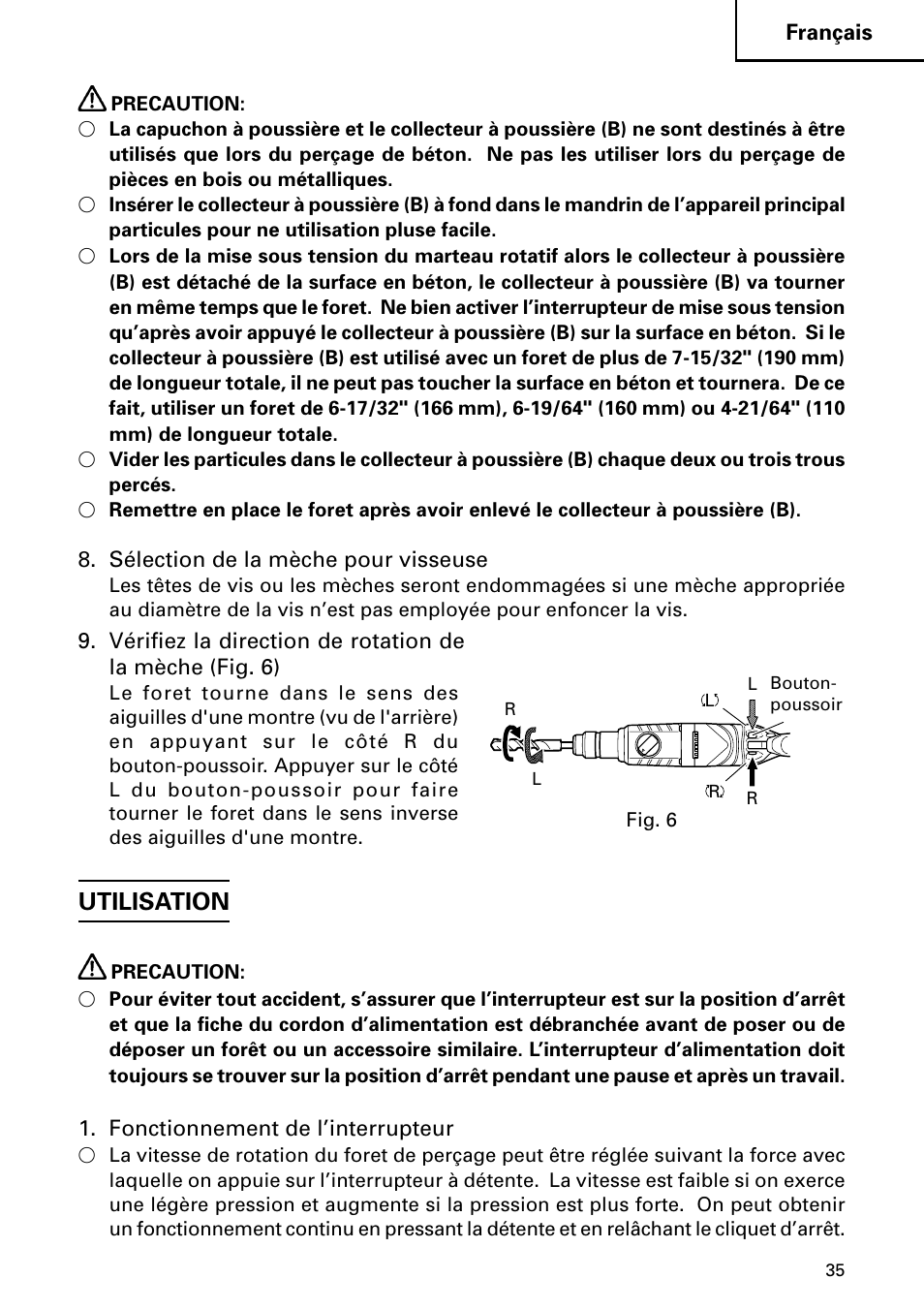 Utilisation | Hitachi DH 24PC2 User Manual | Page 35 / 76