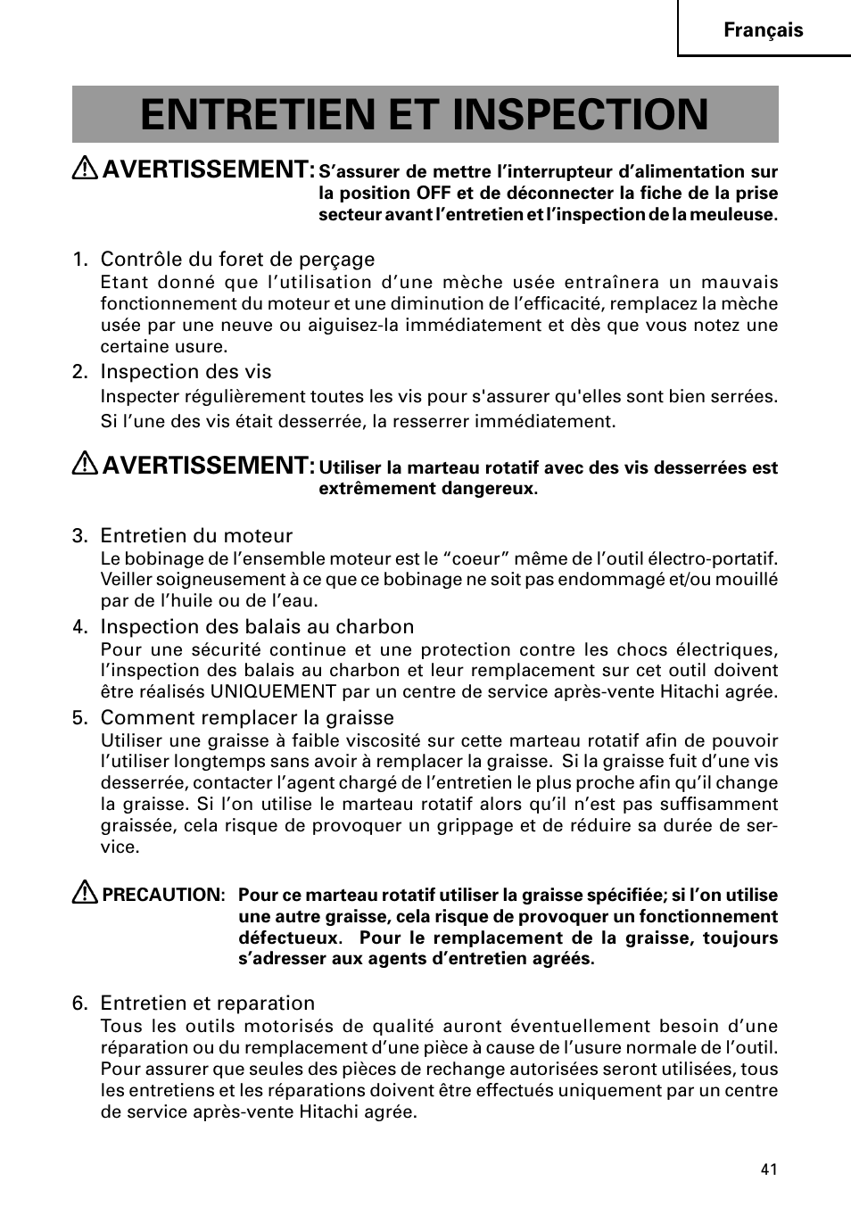 Entretien et inspection, Avertissement | Hitachi DH 24PC2 User Manual | Page 41 / 76