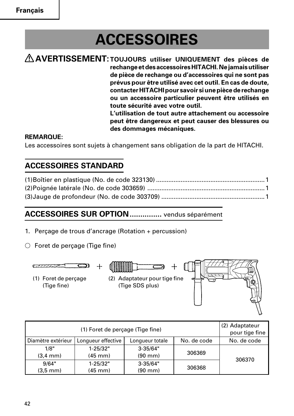 Accessoires, Avertissement, Accessoires standard | Accessoires sur option | Hitachi DH 24PC2 User Manual | Page 42 / 76