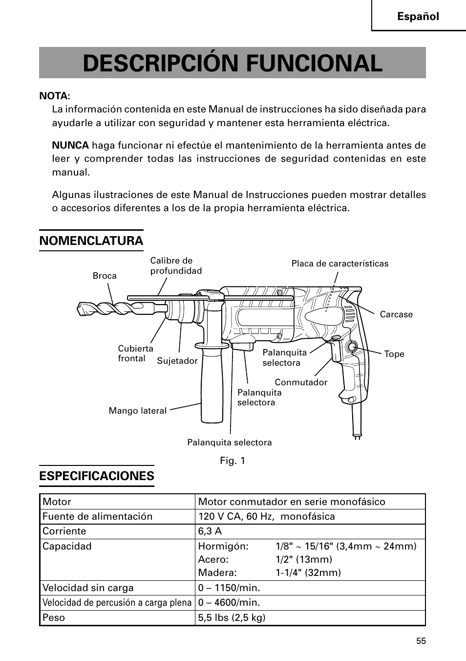 Descripción funcional, Nomenclatura, Especificaciones | Hitachi DH 24PC2 User Manual | Page 55 / 76
