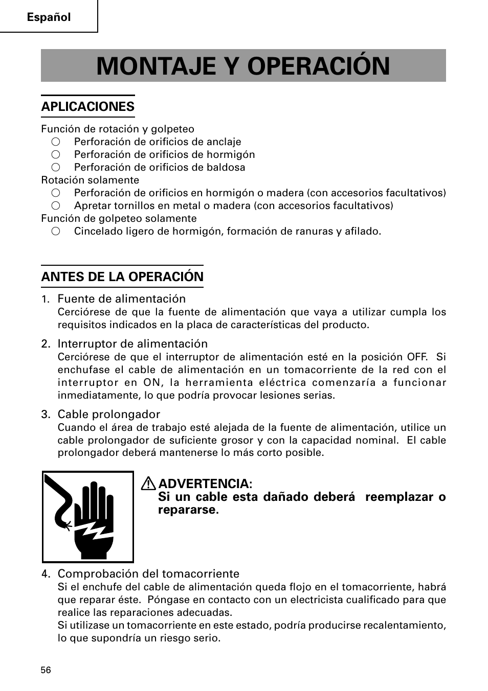 Montaje y operación | Hitachi DH 24PC2 User Manual | Page 56 / 76