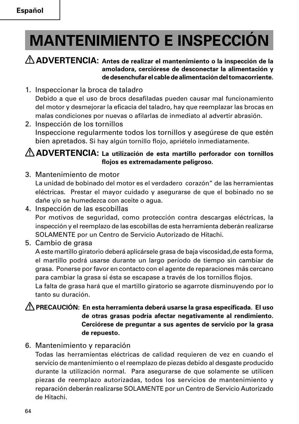Mantenimiento e inspección, Advertencia | Hitachi DH 24PC2 User Manual | Page 64 / 76