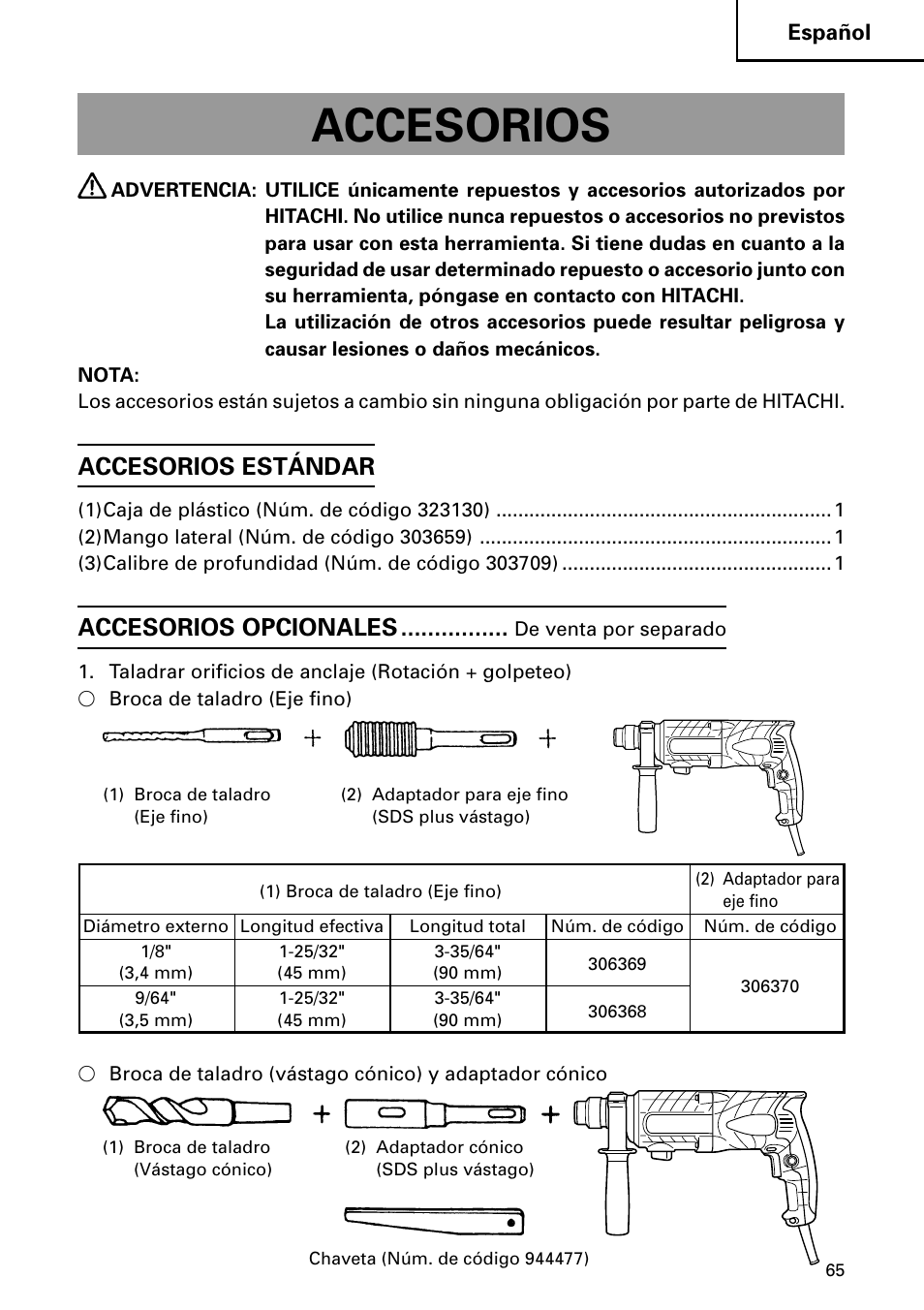 Accesorios, Accesorios estándar, Accesorios opcionales | Hitachi DH 24PC2 User Manual | Page 65 / 76