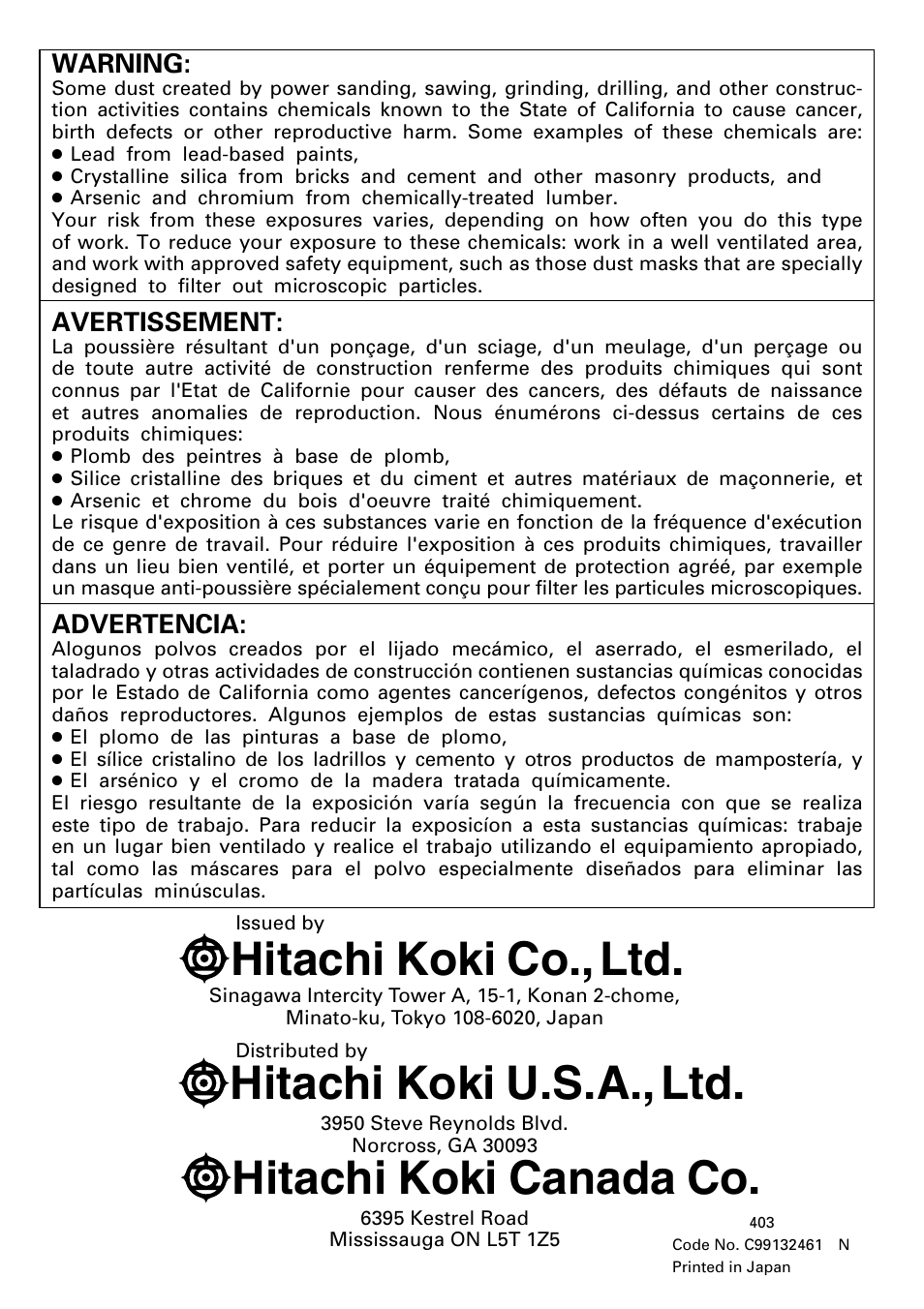 Warning, Avertissement, Advertencia | Hitachi DH 24PC2 User Manual | Page 76 / 76