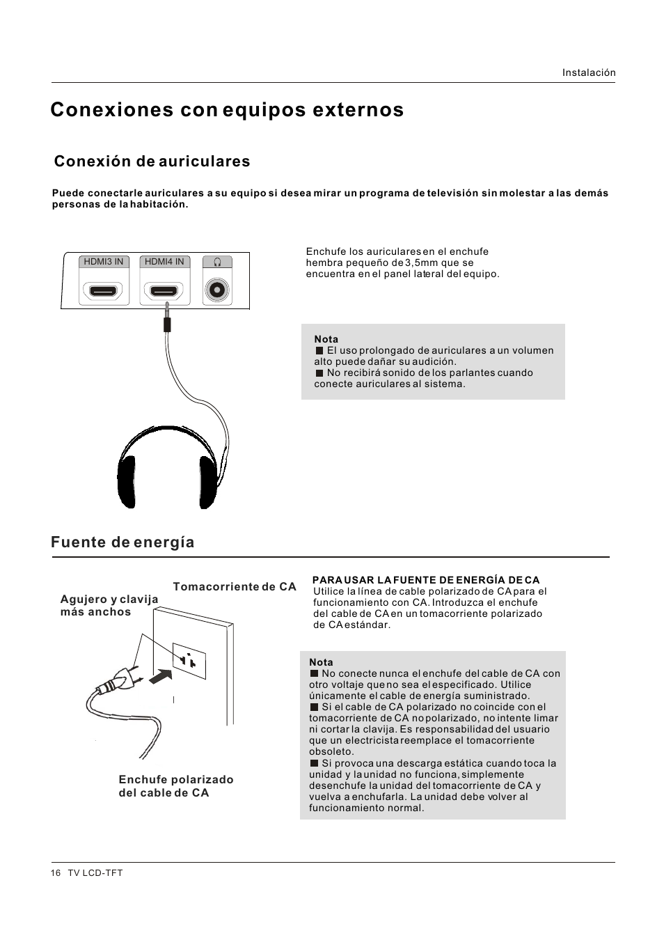 Conexiones con equipos externos, Conexión de auriculares, Fuente de energía | Hitachi HLC26R1 User Manual | Page 100 / 126