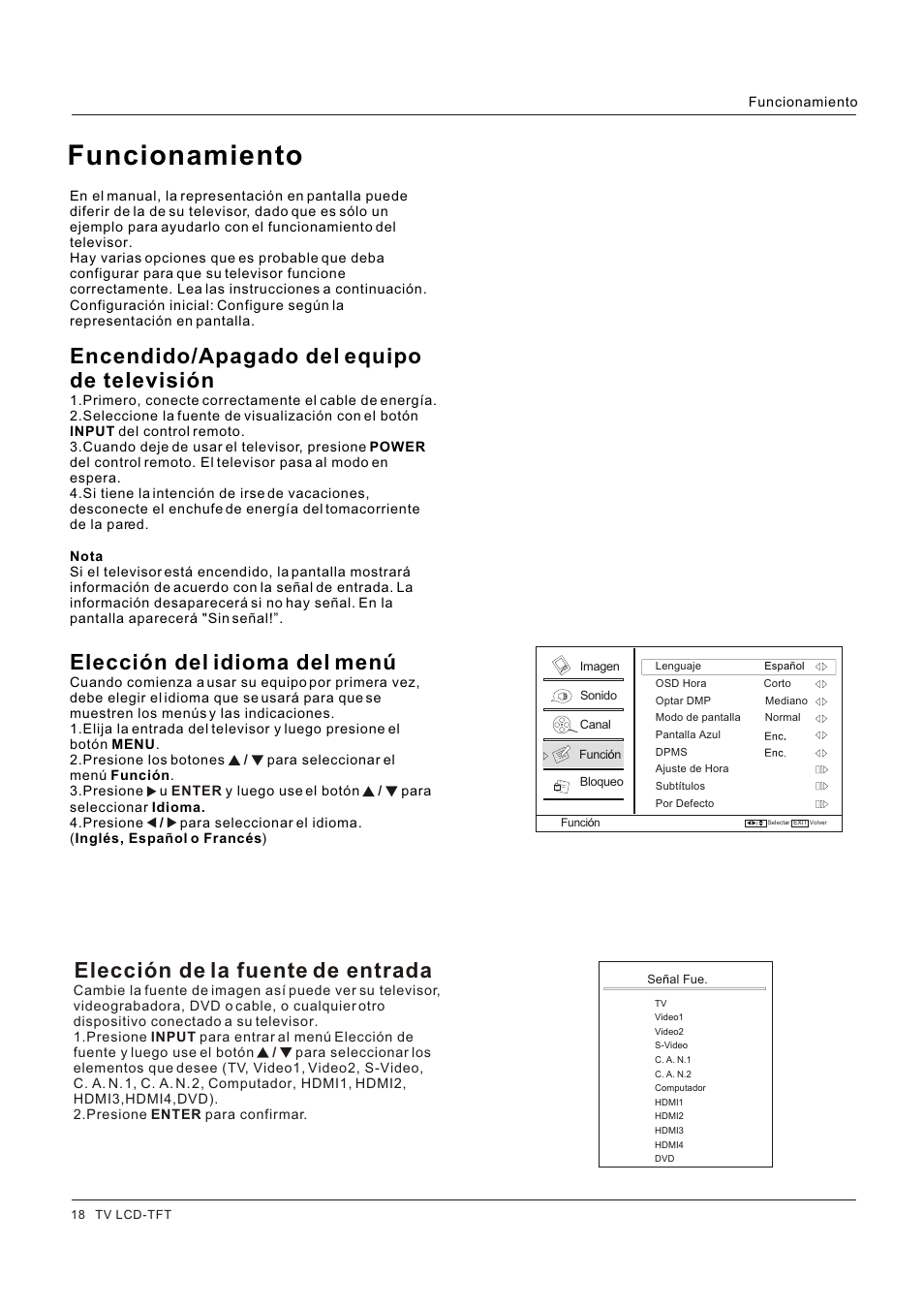 Funcionamiento, Encendido/apagado del equipo de televisión, Elección del idioma del menú | Elección de la fuente de entrada | Hitachi HLC26R1 User Manual | Page 102 / 126