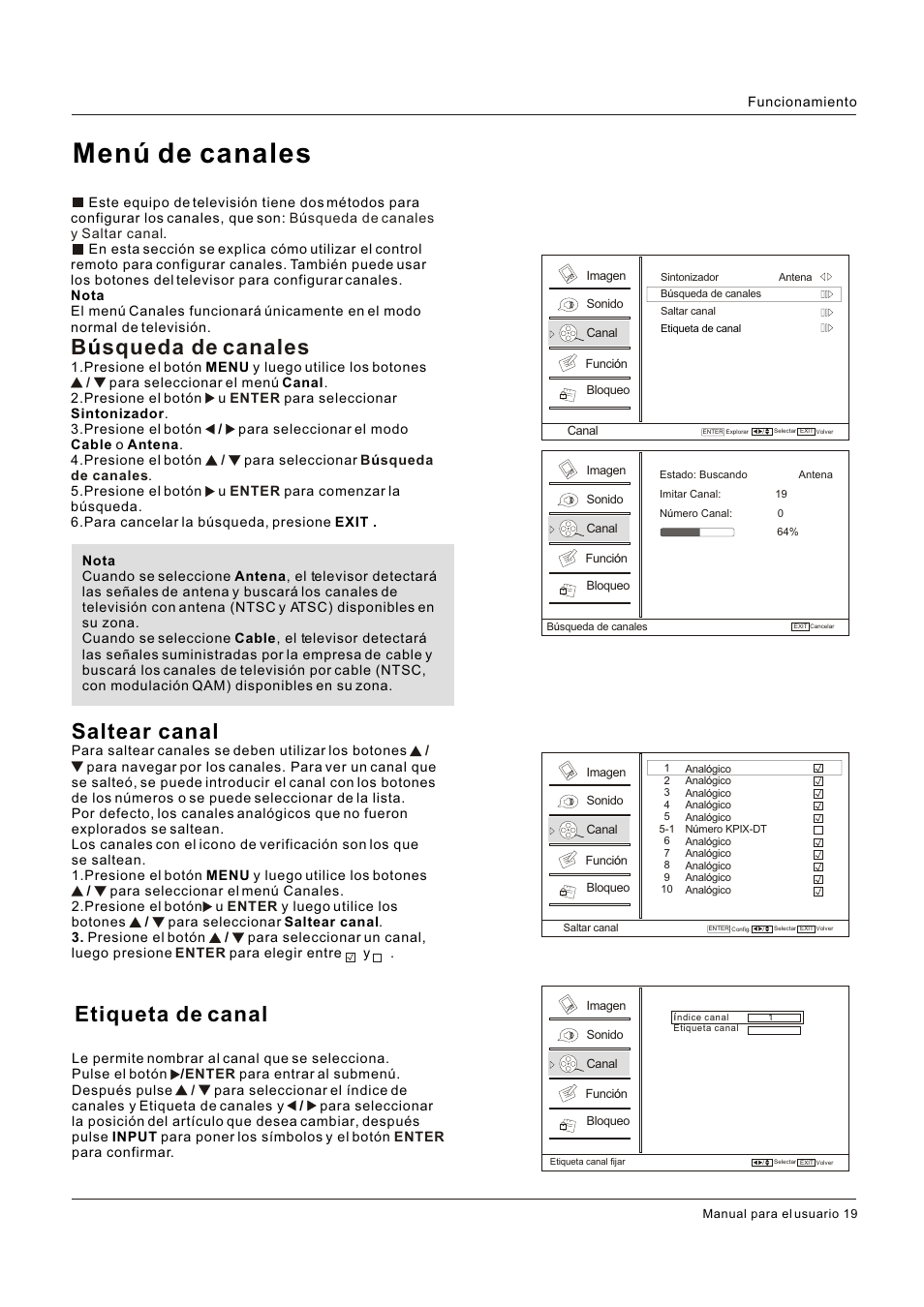 Menú de canales, B squeda de canales, Saltear canal | Etiqueta de canal | Hitachi HLC26R1 User Manual | Page 103 / 126
