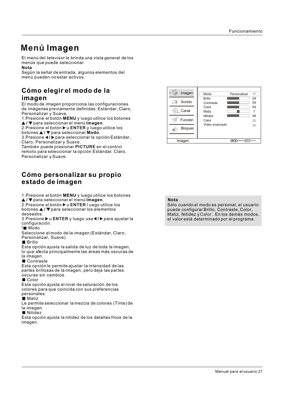 Menú i magen, Cómo elegir el modo de la imagen, Cómo personalizar su propio estado de imagen | Hitachi HLC26R1 User Manual | Page 105 / 126