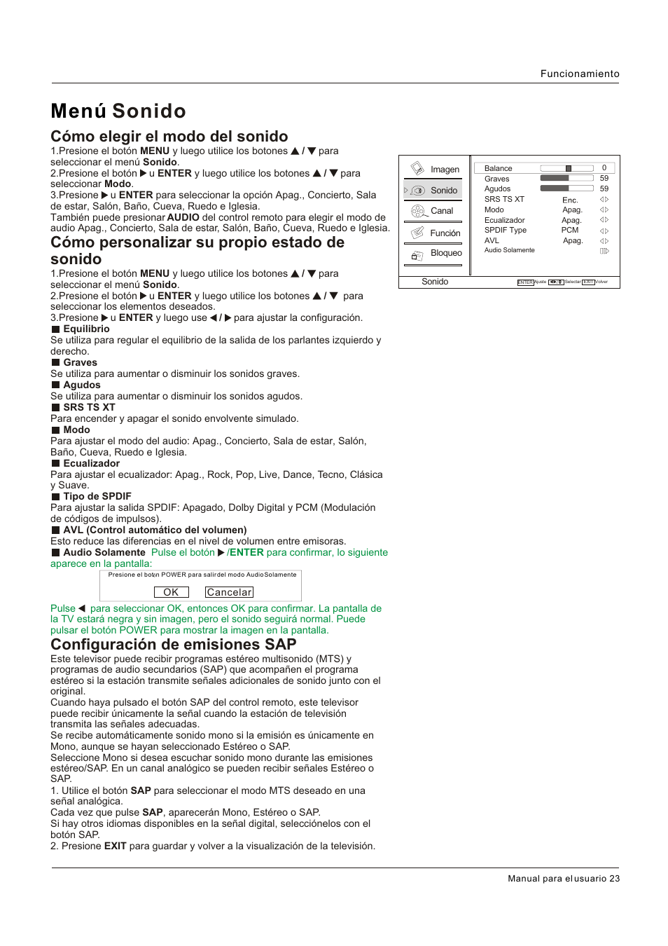 Menú sonido, Cómo elegir el modo del sonido, Cómo personalizar su propio estado de sonido | Configuración de emisiones sap | Hitachi HLC26R1 User Manual | Page 107 / 126