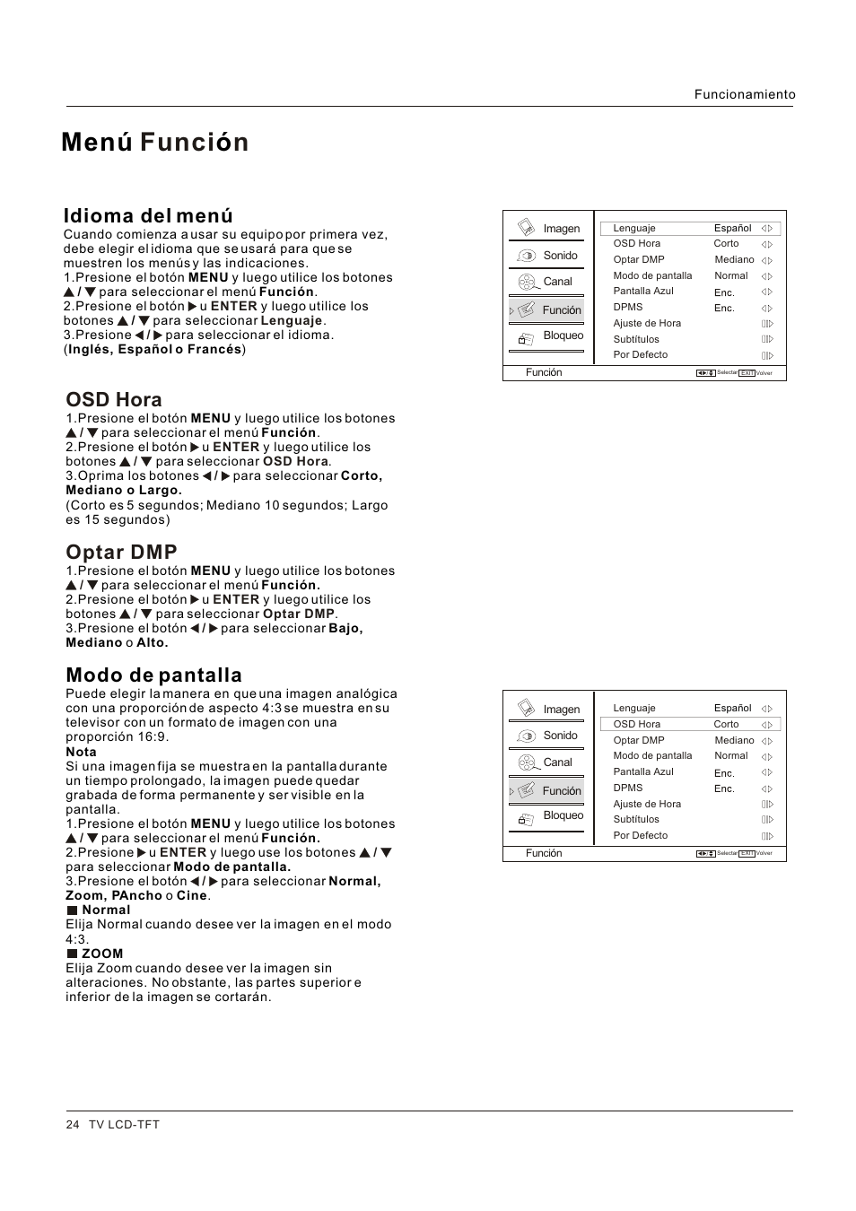 Menú ó funci n, Osd hora, Optar dmp | Modo de pantalla, Idioma del menú | Hitachi HLC26R1 User Manual | Page 108 / 126