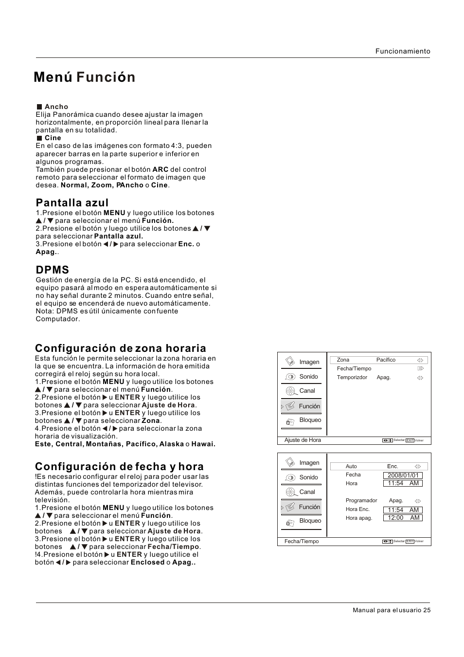 Menú ó funci n, Configuración de zona horaria, Configuración de fecha y hora | Pantalla azul, Dpms | Hitachi HLC26R1 User Manual | Page 109 / 126
